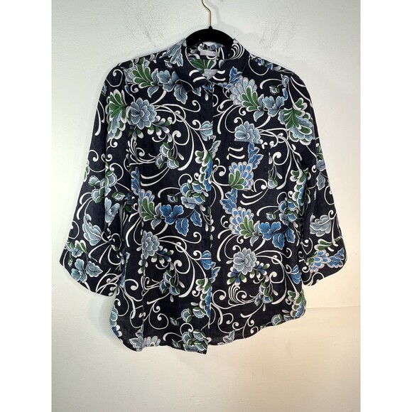 chicos No Iron 100% linen botanical Sketch art print button blouse s 4 0 top - Picture 3 of 8